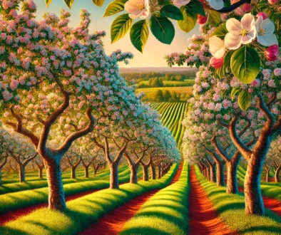 DALL·E 2025-01-27 22.33.33 - A vibrant and detailed image of an apple orchard on Prince Edward Island in full bloom. The scene features rows of apple trees with lush green leaves