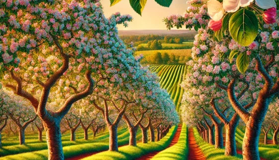 DALL·E 2025-01-27 22.33.33 - A vibrant and detailed image of an apple orchard on Prince Edward Island in full bloom. The scene features rows of apple trees with lush green leaves
