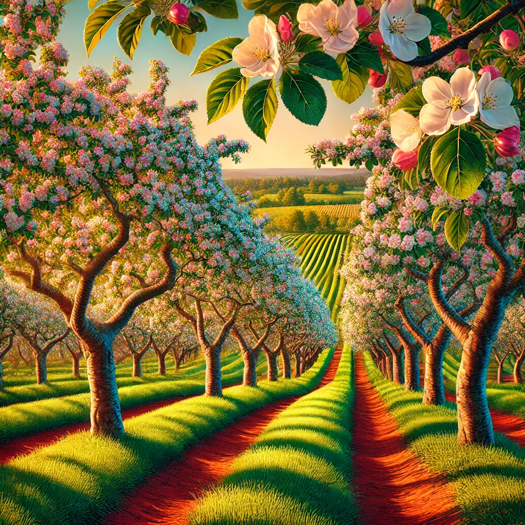 DALL·E 2025-01-27 22.33.33 - A vibrant and detailed image of an apple orchard on Prince Edward Island in full bloom. The scene features rows of apple trees with lush green leaves DALL·E 2025-01-27 22.33.33 - A vibrant and detailed image of an apple orchard on Prince Edward Island in full bloom. The scene features rows of apple trees with lush green leaves