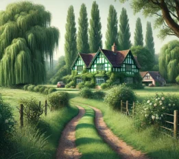 DALL·E 2025-01-29 10.13.29 - A picturesque countryside scene depicting Green Gables at the edge of a cleared land, barely visible from the main road. A grassy, deep-rutted lane bo