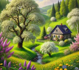 DALL·E 2025-01-29 10.25.54 - A picturesque countryside scene featuring a huge cherry tree growing right beside a charming house, its branches tapping against the walls and covered